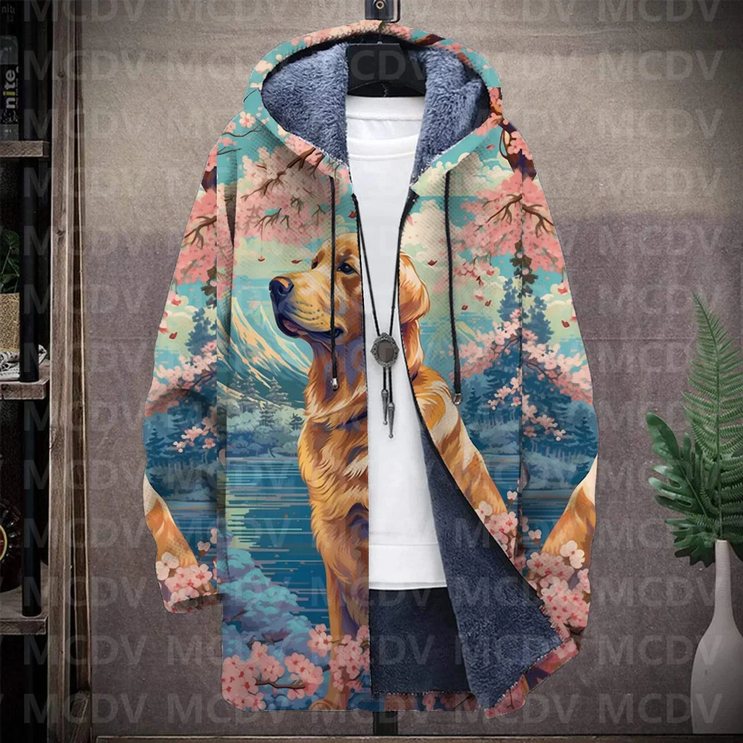 

Men's Retro Print Plush Thick Long-Sleeved Coat Cardigan Dog 3D Prined Fleece Hooded Overcoat Unisex Thick Warm Jacket