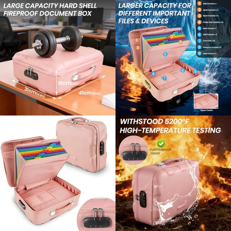 

Fireproof Document Box, Hard Case Fireproof File Organizer Box with Lock and 13 Pocket Accordion File Folder, Portable Safe Box