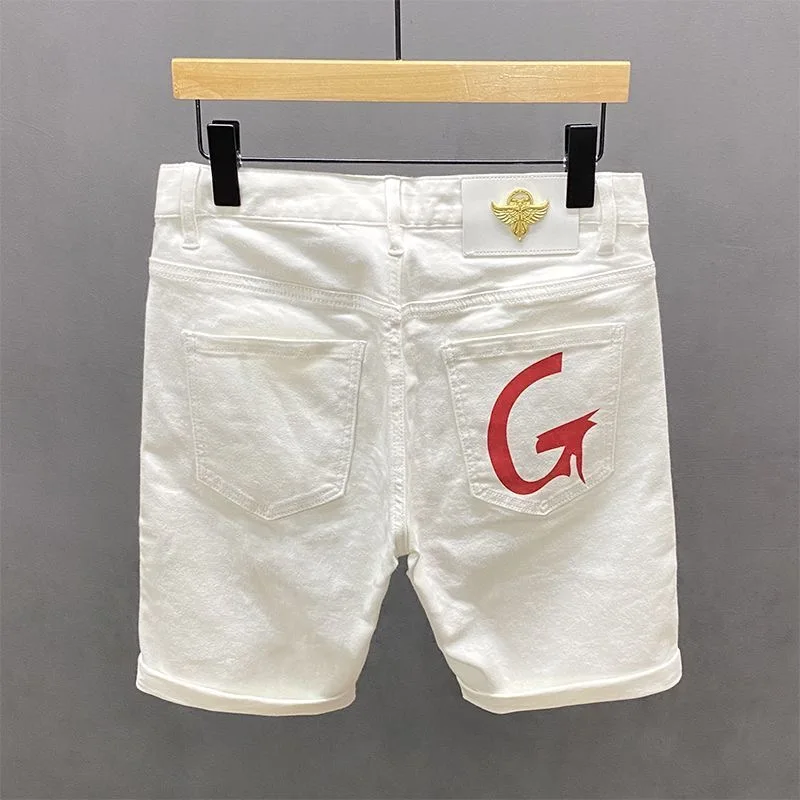 New Summer Korean Fashion Luxury Designer cowboy White Red Jeans for Men Trendy Slim Fit Casual Pants Boyfriend Jeans Shorts