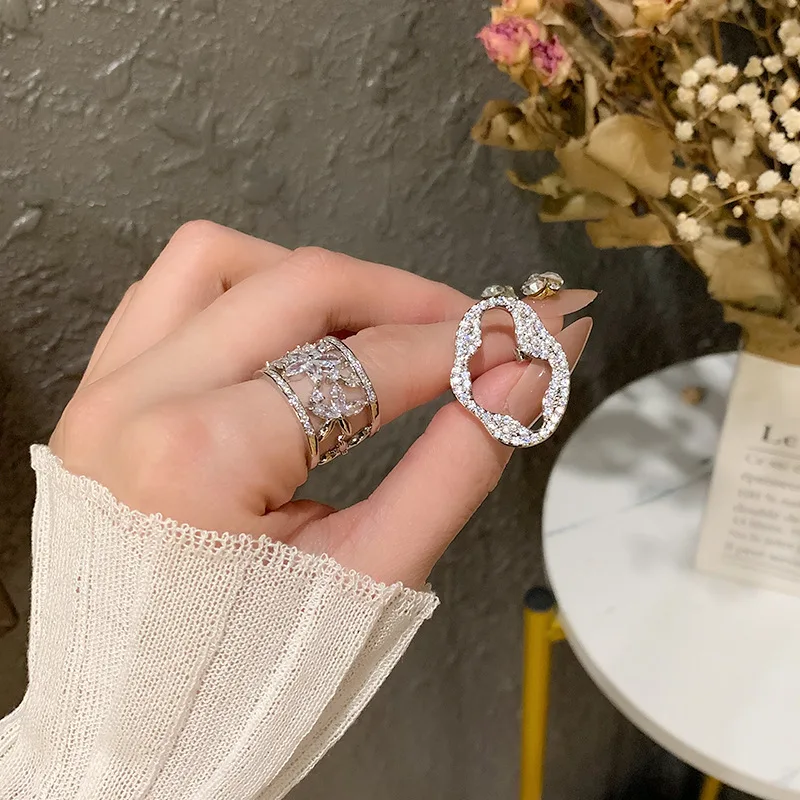 Trend luxury engagement art two-piece ring sets irregular inlaid full diamonds rings for women wedding jewelry gift