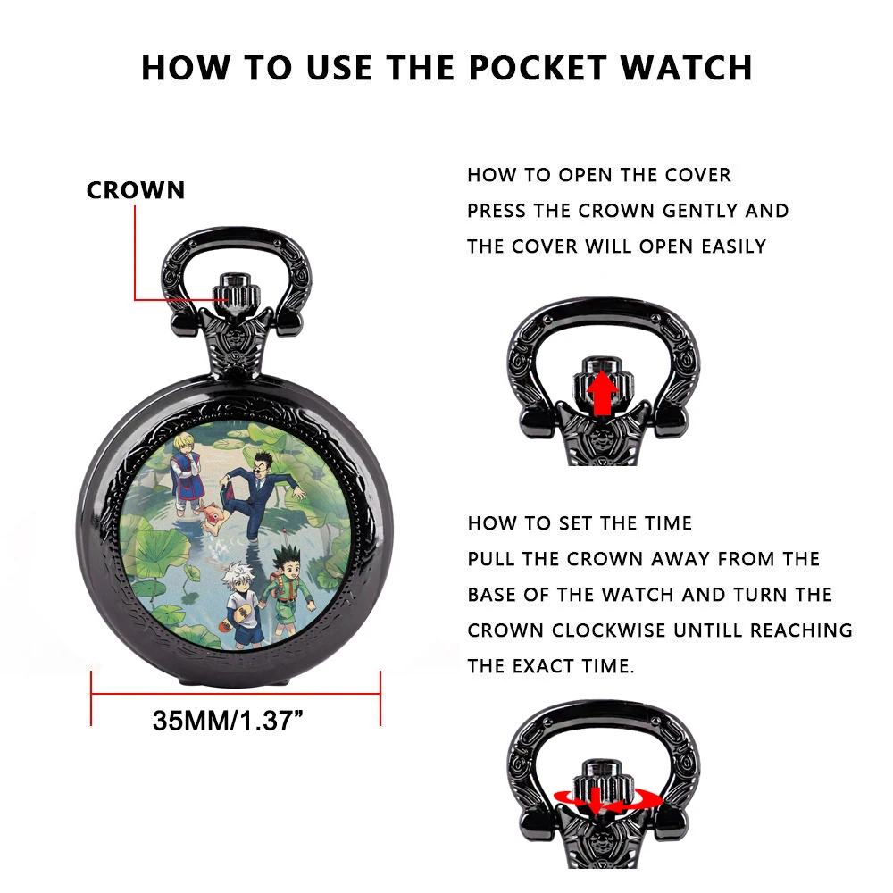 Hot Anime Hunter X Hunter Glass Dome Pocket Watch with Chain Necklace Vintage Quartz Pendant Watches Mens Women Gifts for Kids