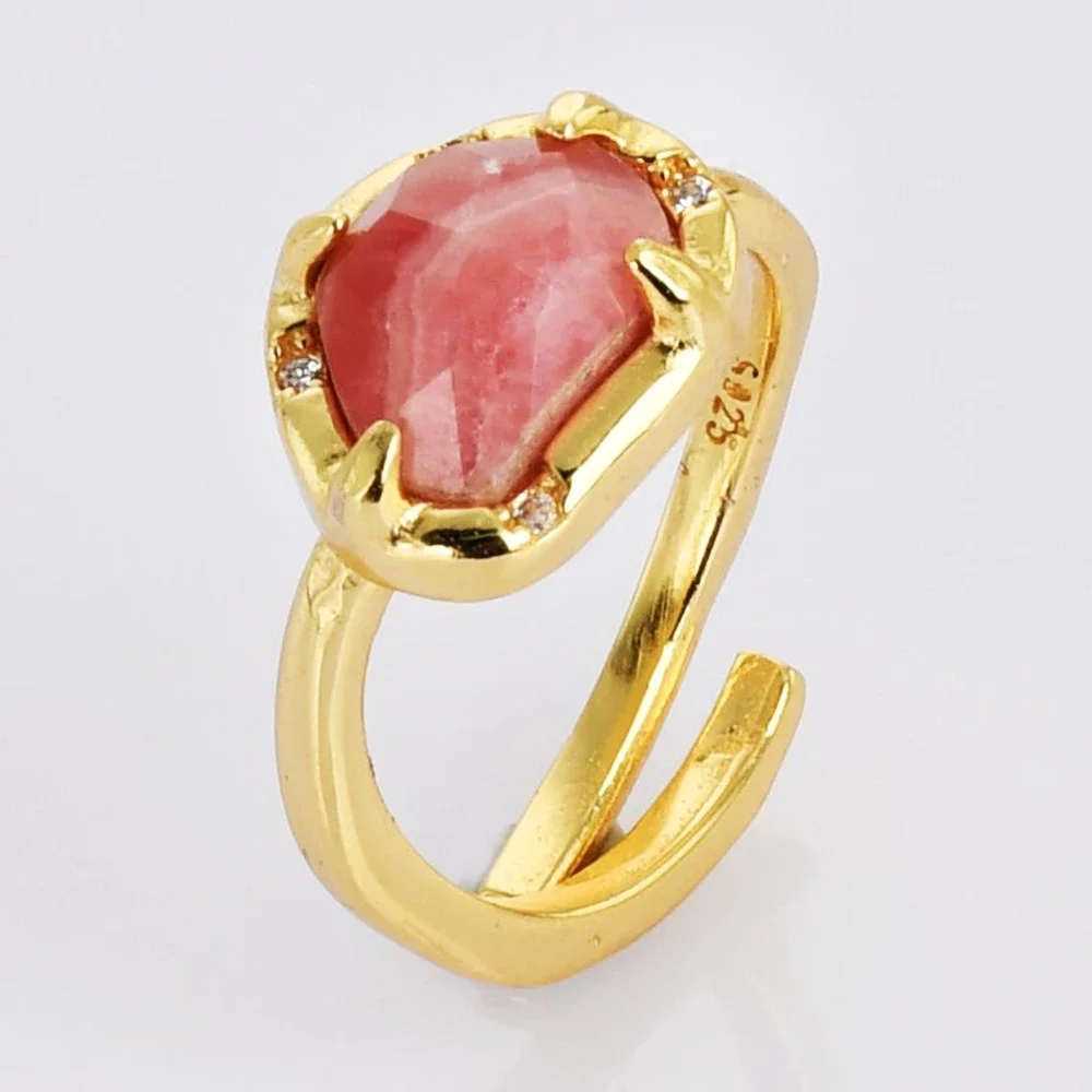 BOROSA 5Pcs Rose Red Natural Stone Open Rings For Women Unique Rutile Streak Energy Adjustable Ring Fashion Party Jewelry Gifts