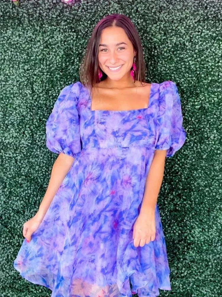 GypsyLady Floral Printed Sexy Mini Dresse Purple Summer Women Dress Ruffles Puff Sleeve Casual Chic Party Ladies Dress Vestidos