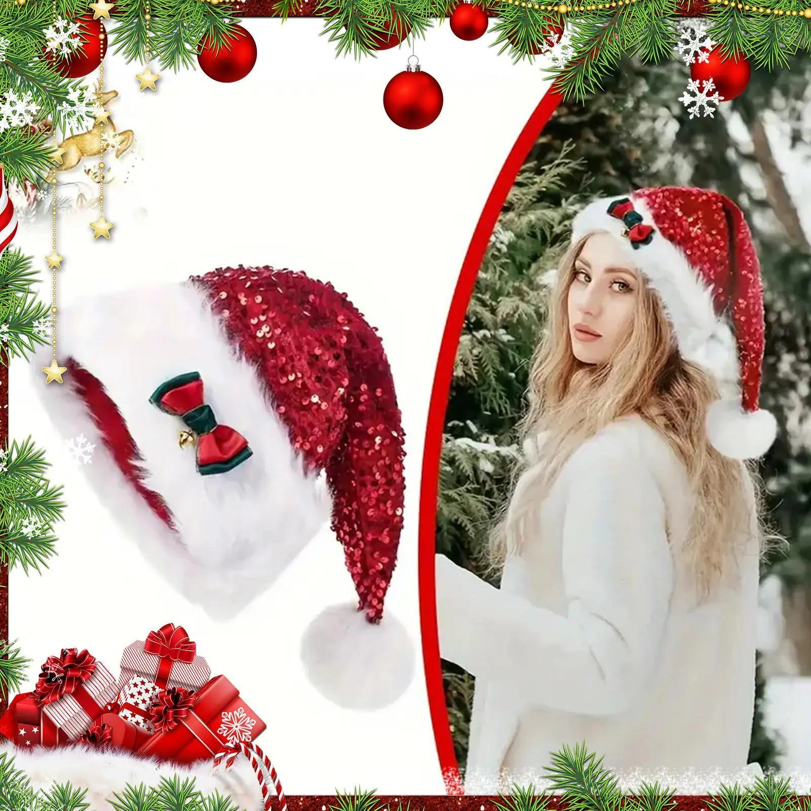 Sombreros de Navidad de felpa, pajarita de lentejuelas, sombrero de Papá Noel rojo y verde, sombreros para adultos, decoración navideña, suministro para fiesta de Feliz Año Nuevo 2025