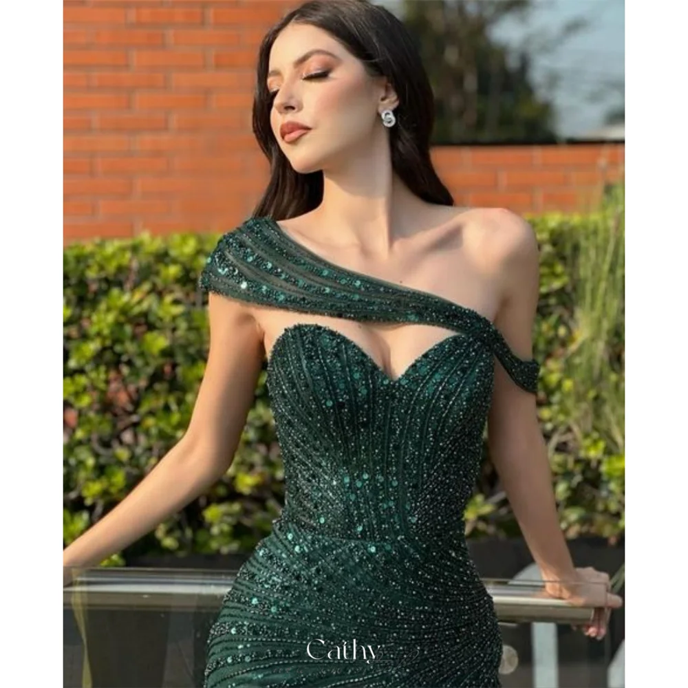 

Cathy Green Beaded Mermaid Wedding Dress Strapless Detachable Shawl فساتين سهرة Elegant Sleeveless Side Split vestidos de fiesta