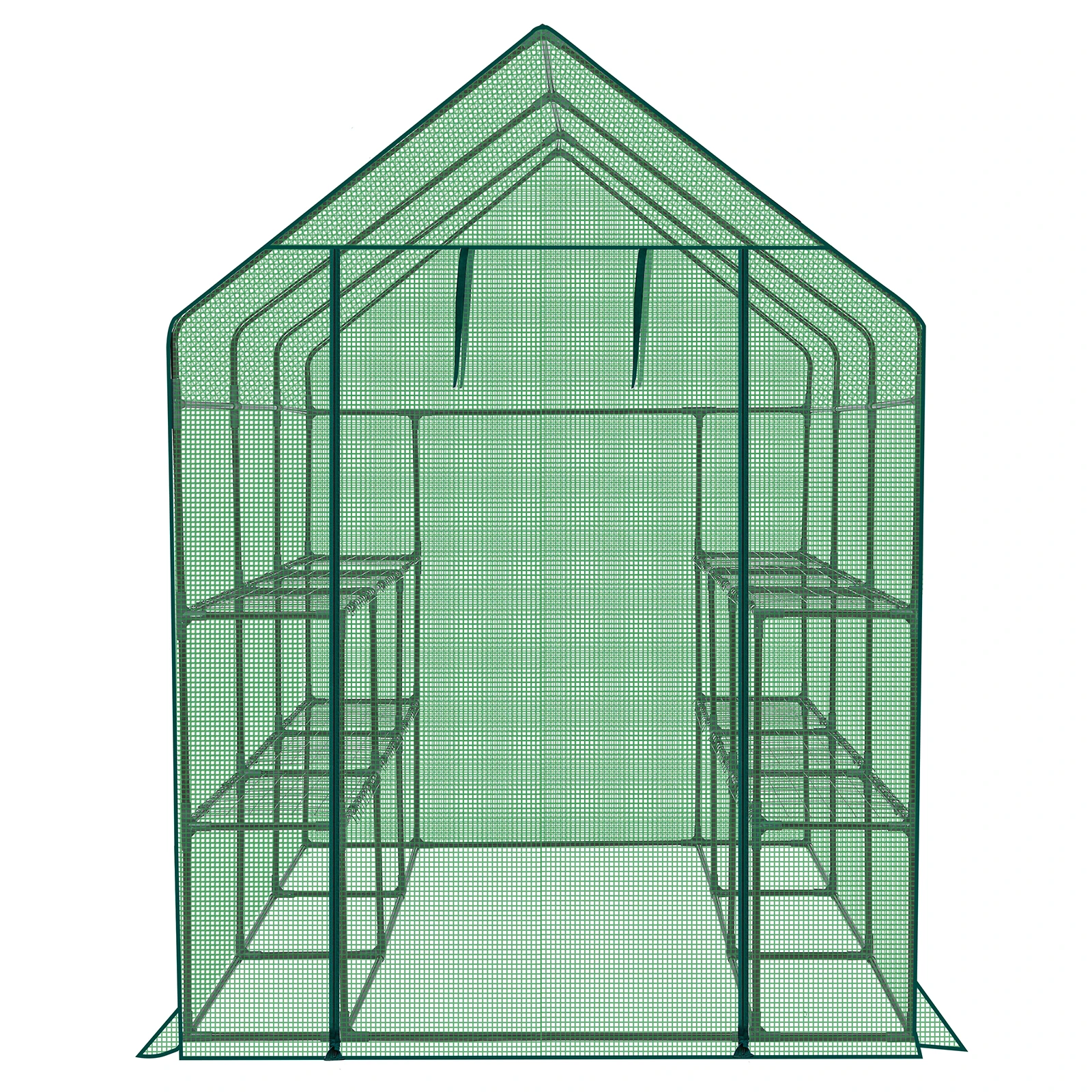 

56 * 85 * 77in PE cloth flower room, green PE cloth, dark green iron pipe, spire, with 12 mesh flower stand, with zipper roll