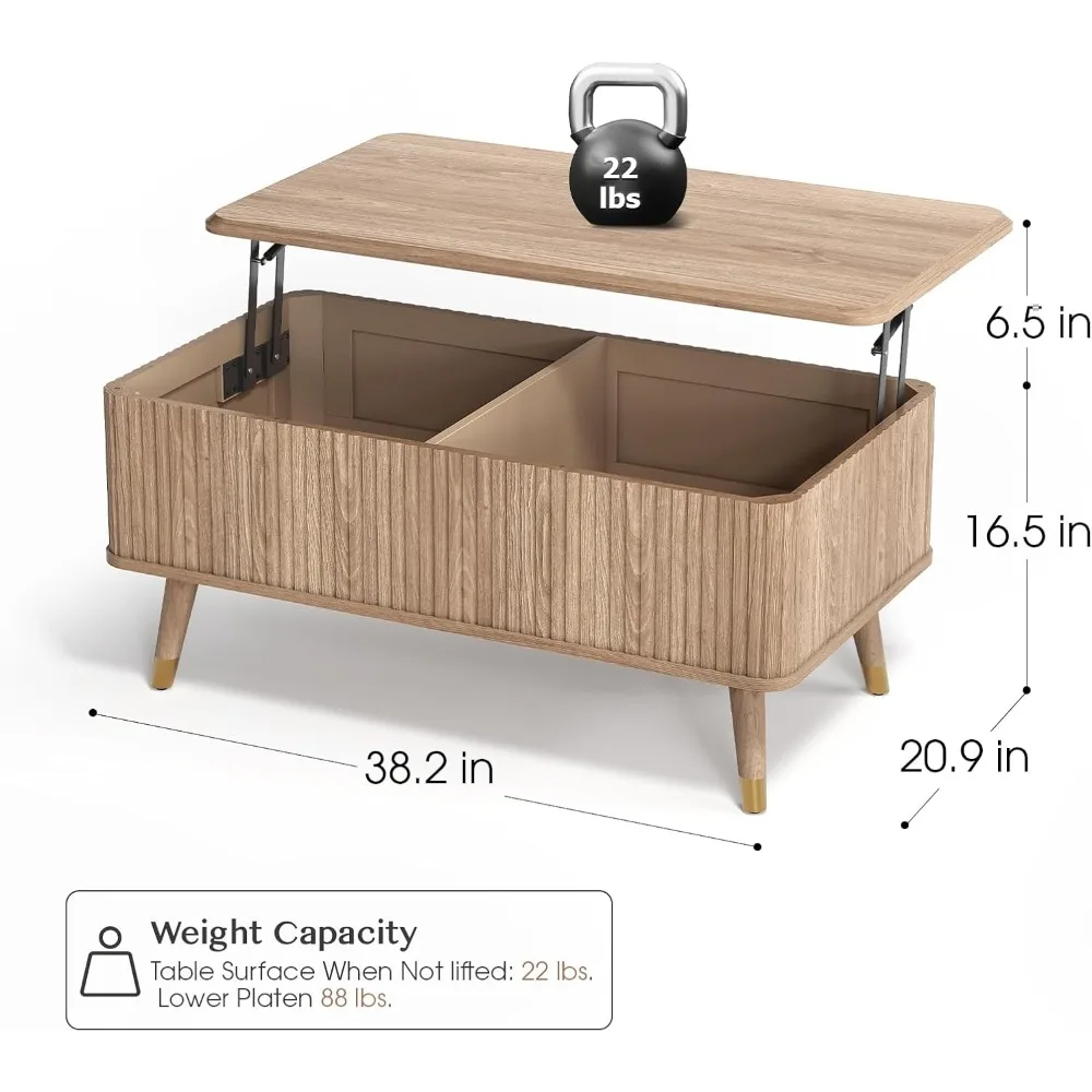 Mesa de centro elevable estriada moderna de mediados de siglo con almacenamiento oculto para sala de estar
