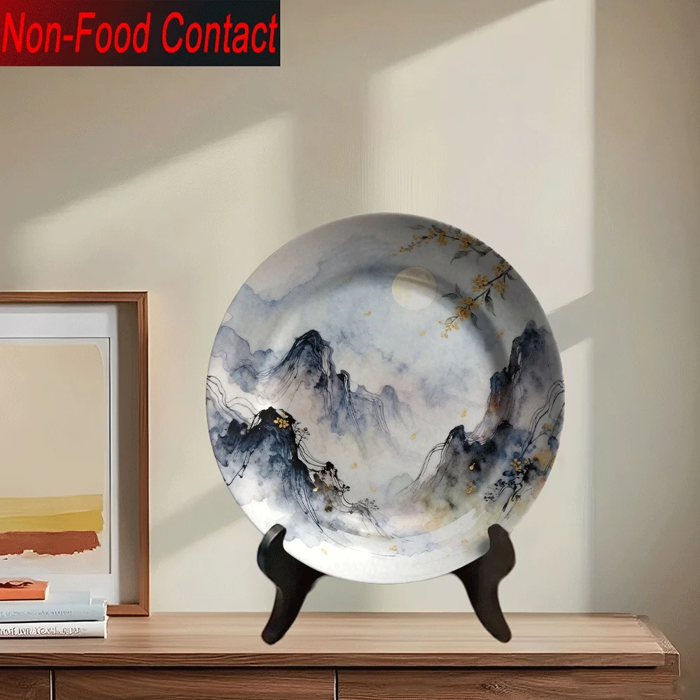 2D 1pc Ceramic Decorative Plate, Ink Wash Landscape Artistic Conception Design, Hand-Painted Mountain, Moon, and Osmanthus