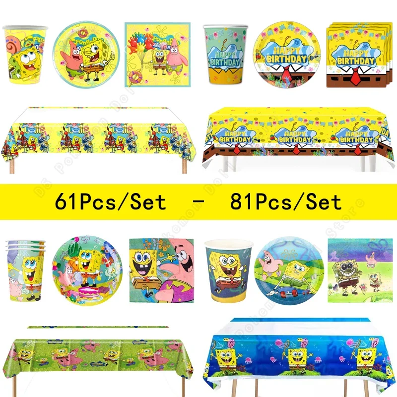 Bob Esponja Calça Quadrada Kit de Suprimentos para Festa de Aniversário Decoração de Bolo de Chuveiro de Bebê Talheres Descartáveis Toalha de Mesa Placa de Copo de Papel