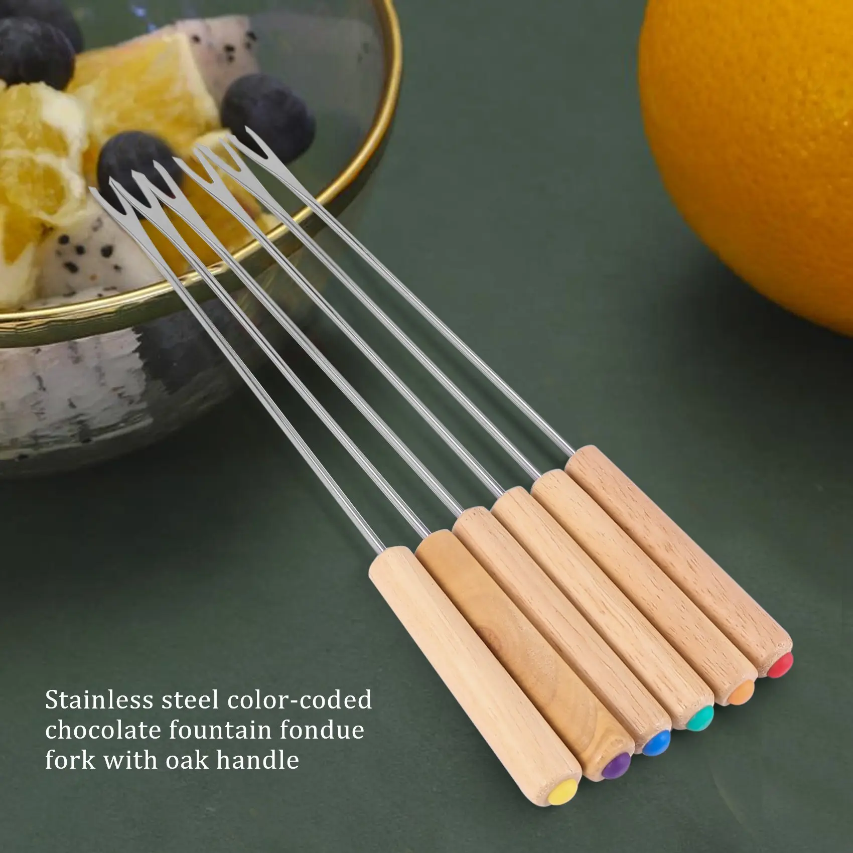 Stainless Steel Color Coding Chocolate Fountain Cheese Fondue Forks with Oak Wood Handle Heat Resistant, Skewers Marshmallow Roa