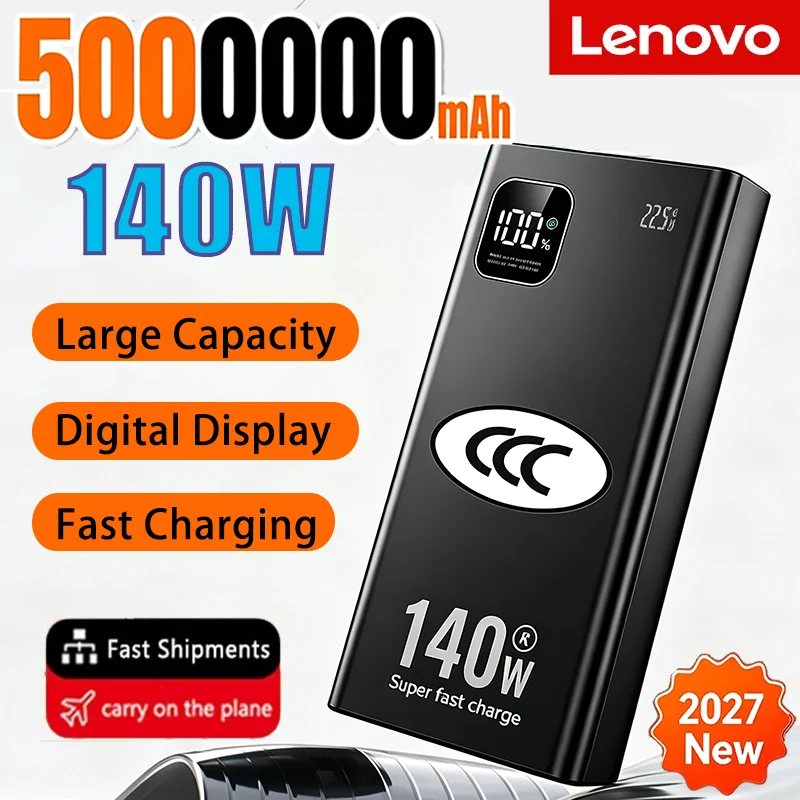 Lenovo Ultra Capacity Power Bank 2027 140W 500000mAh Super Fast Charging CCC Portable Charger For IPhone Samsung