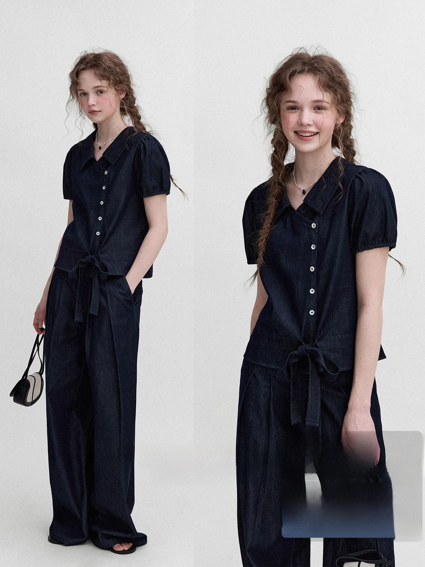 

Ledenim Women's Vintage Denim Shirt And Wide Leg Pants Set Short Sleeve Asymmetrical Design Casual Fashion Summer Outfit