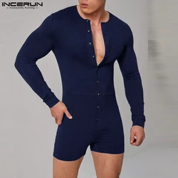 Incerun-macacão masculino monocromático de manga comprida com gola O, bodysuits magros, casual, macacões de botão, pijama masculino de lazer, 2022