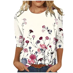 Women's Fashion Casual Round Neck 3/4 Sleeve Loose Printed T-Shirt Ladies Top