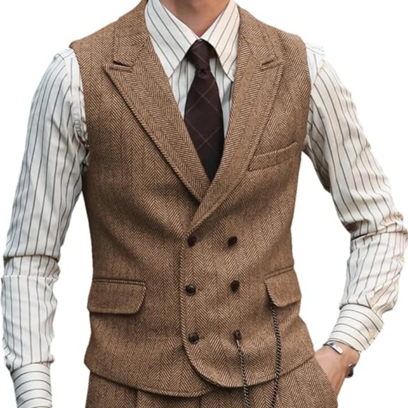 Herringbone Men Vest Dark Green Suede Leather Gentleman Business Waistcoat Vintage Regular Slim Men Suit Vest