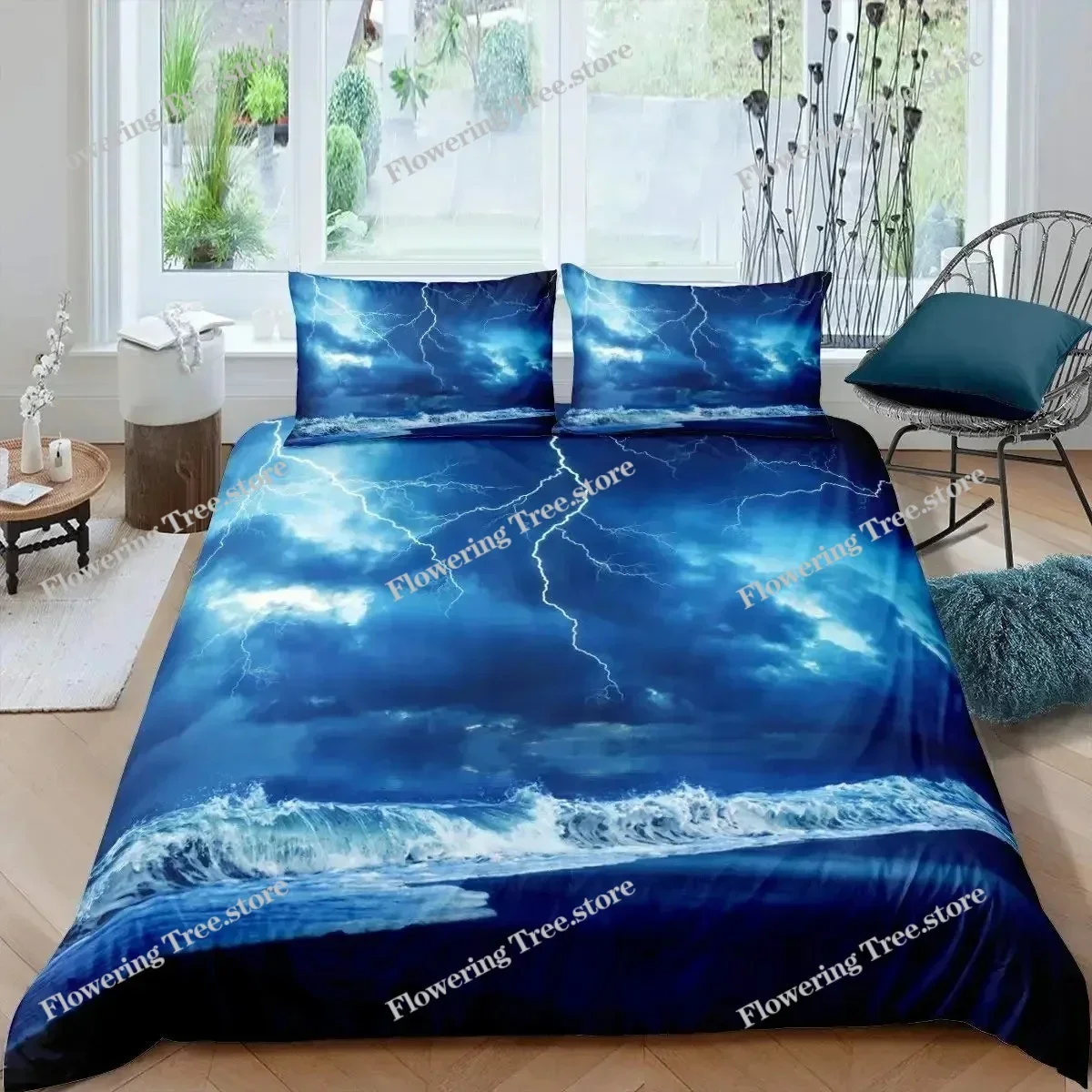 Lightning Duvet Cover Set Sea Wave Natural Disasters Sea Landscape Bedding Set Dark Clouds King Size Polyester Comforter Cover