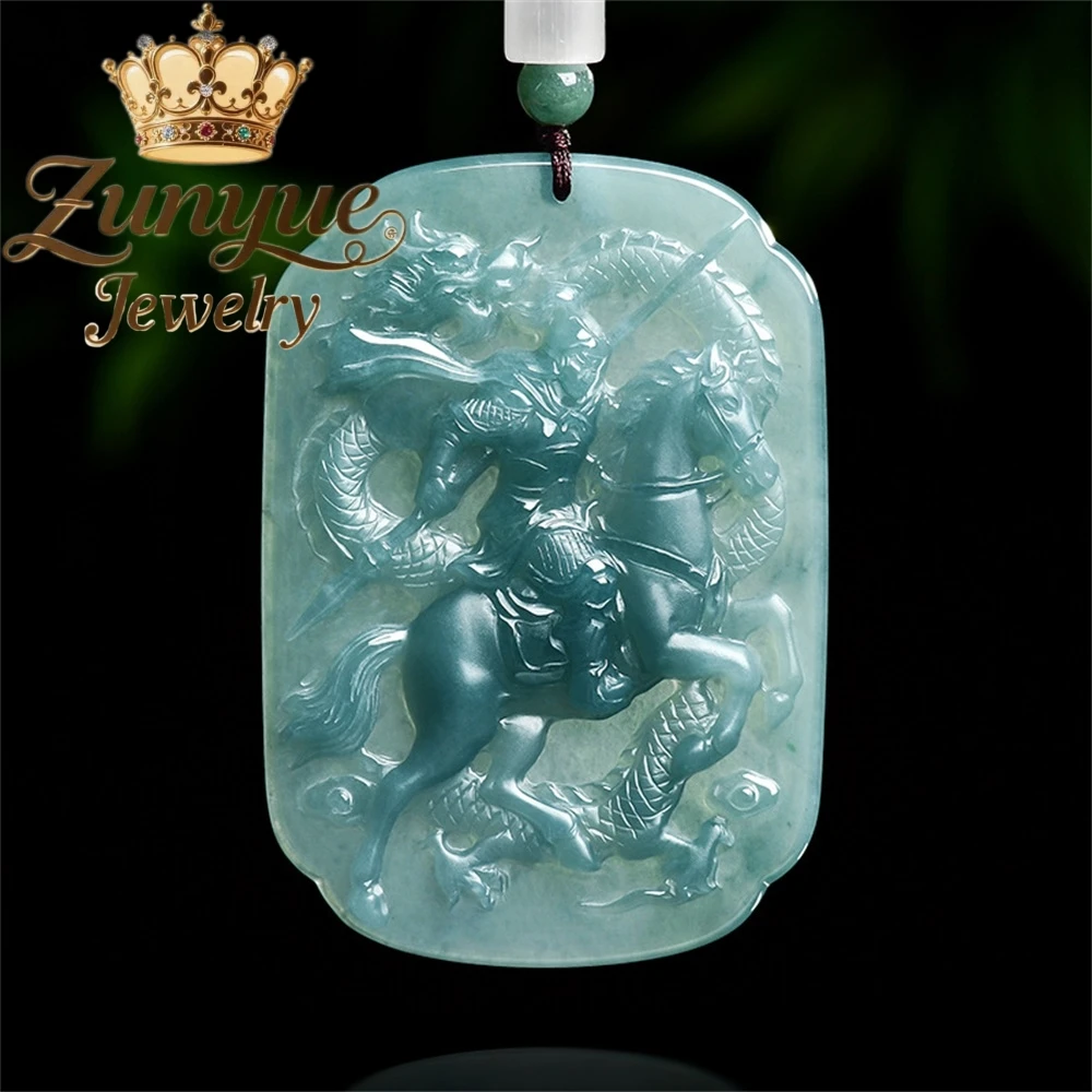 

Natural A-grade Blue-water Jadeite Evergreen General Zhao Zilong Jade Pendant Luxury Quality Fashion Jewelry Exquisite Popular