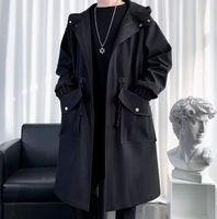 2023 Men's Windbreaker Jacket Long Trench Oversize Loose Streetwear Hooded Vintage Black Coats High Street Casual Male Outerwear