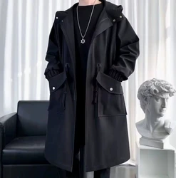 2023 Men's Windbreaker Jacket Long Trench Oversize Loose Streetwear Hooded Vintage Black Coats High Street Casual Male Outerwear