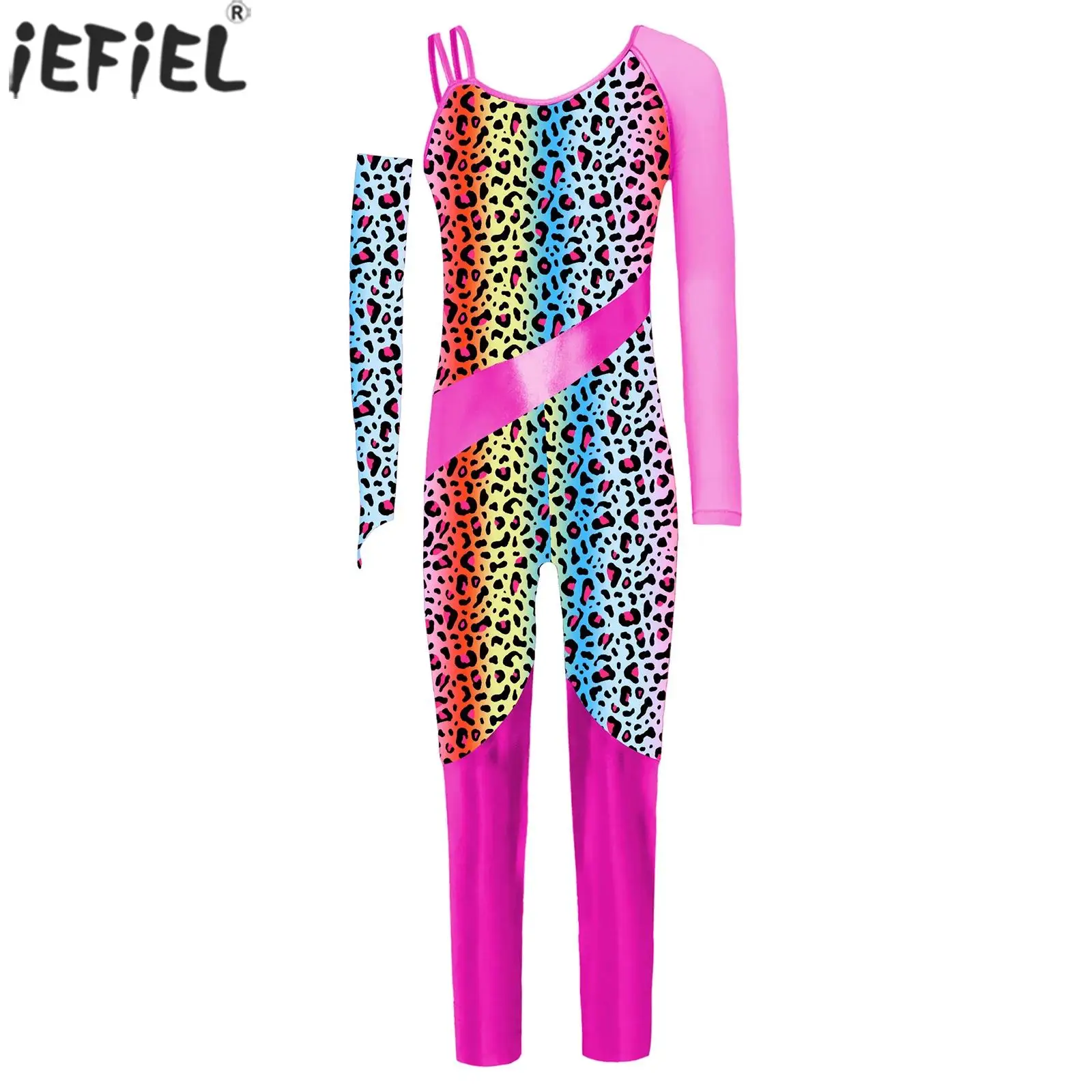 

Girls Gymnastic Jumpsuit One Shoulder Leopard Print Athletic Bodysuit Ballet Dance Figure Skating Acrobatics Performance Costume