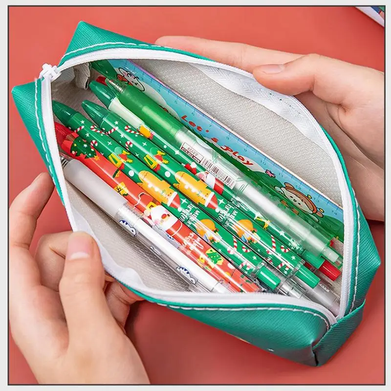 Buon natale astuccio per matite buon natale matita per penne in PU di grande capacità astuccio per cancelleria simpatico cartone animato doppia cerniera