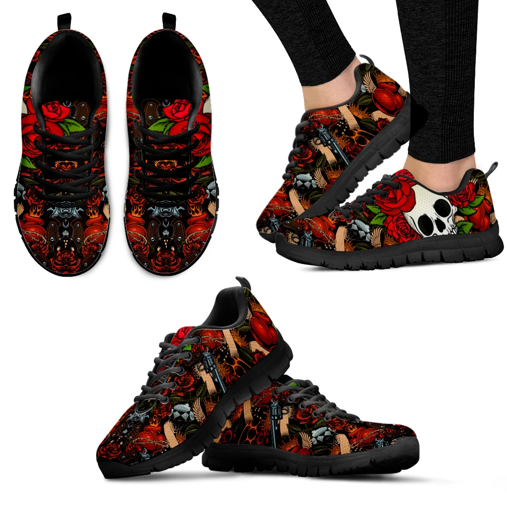 INSTANTARTS 3D Rose Skull Casual Sneakers For Women Sunflower Skull Walking Shoes Flower Print Breathable Tennis Shoes Zapatos