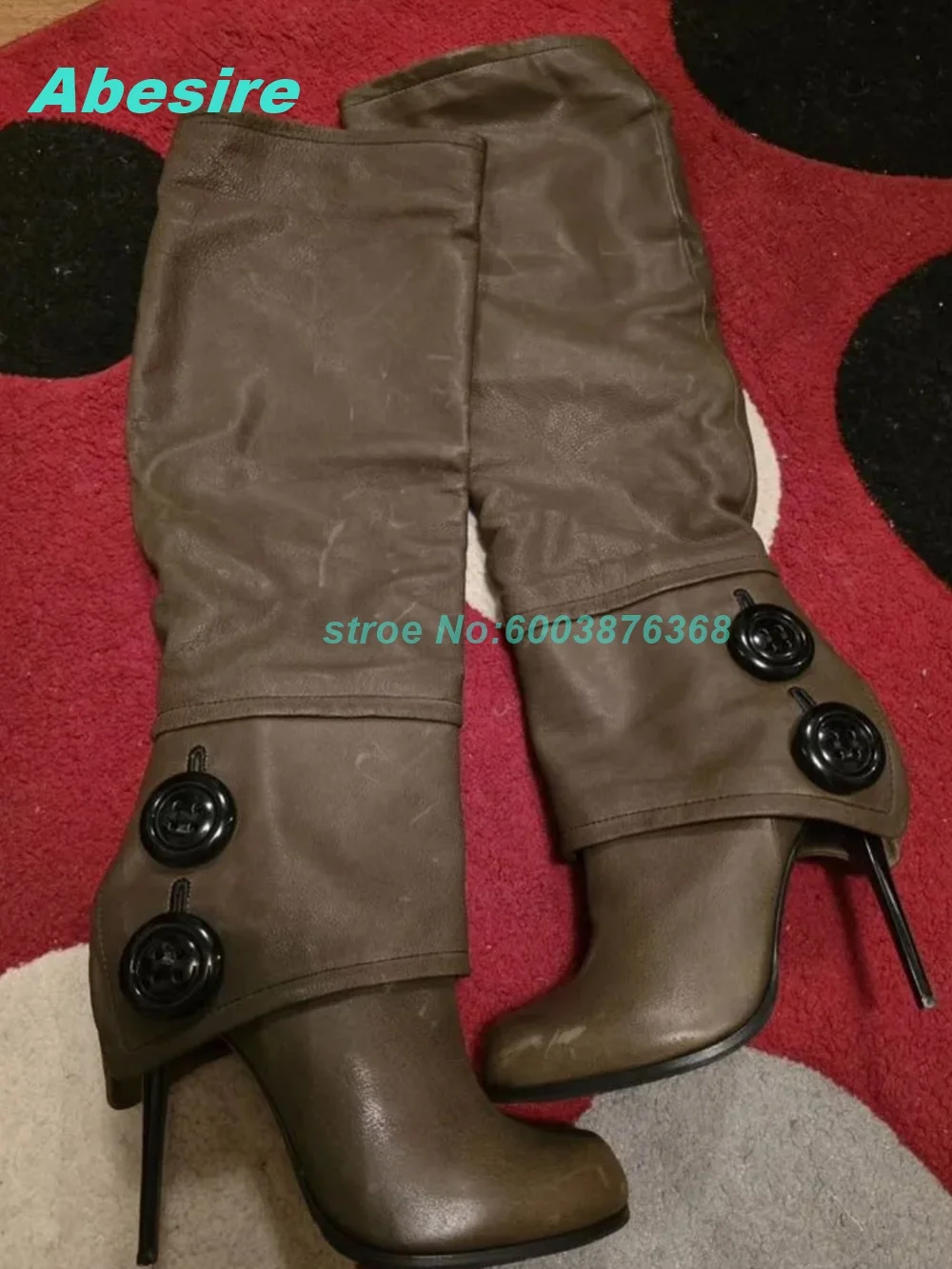 Retro Button‑Decor Knee High Boots Women Brown Slouchy Stiletto‑Heel Round‑Toe Side‑Zipper Long‑Boots Daily Autumn‑Winter Shoes