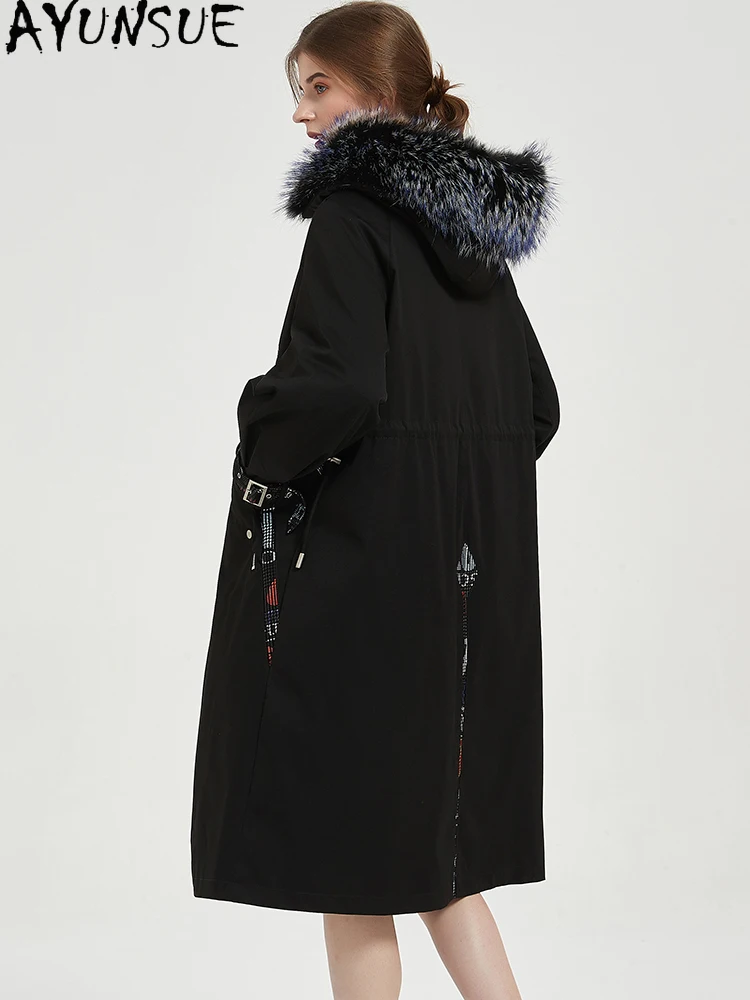AYUNSUE 렉스 토끼 모피 파카 여성 리얼 모피 코트 후드 겨울 여성 의류 아우터웨어 신상품 폭스 모피 칼라 여성용 코트