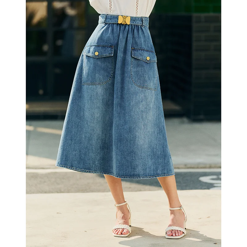 Wearable and versatile imported denim fabric, high waist, wide swing, large pockets, environmentally friendly washed denim