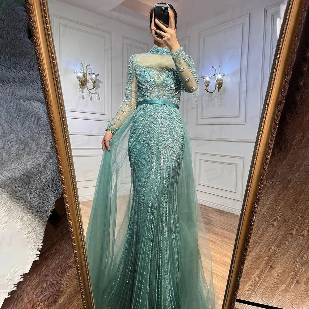 BRLMALL  Beaded Sheath Prom Dresses Real Images Party Prom Gown Arabic Feathered Formal Dresses For Women Shoulder Cape