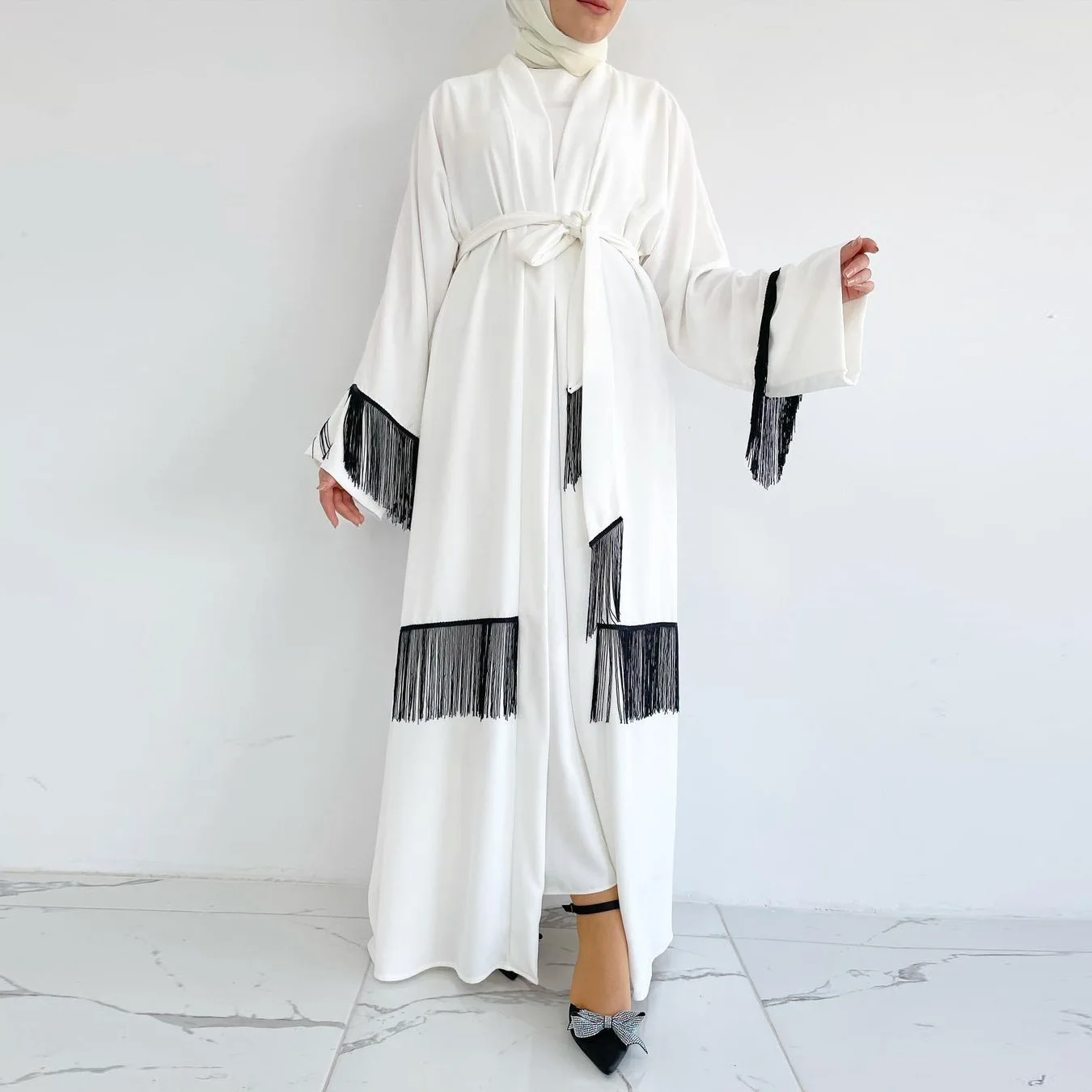 

White Abayas for Women Tassel Muslim Dress Dubai Kimono Cardigan Turkey Kaftan Eid Ramadan Islam Clothing Kebaya Caftan Marocain