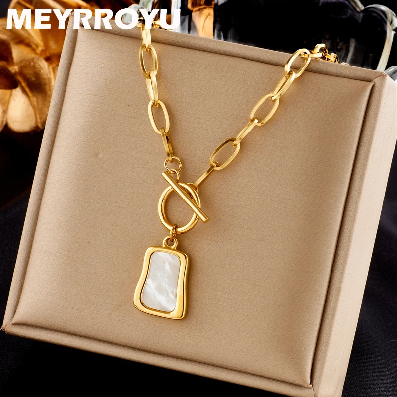 MEYRROYU 316L Stainless Steel Natural Shell Geometric Choker Necklace For Women Girl Party Gifts Statement Jewelry Accessories