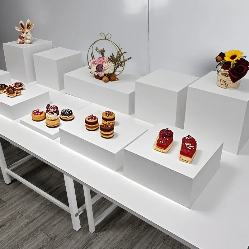 Custom design white buffet eco-friendly acrylic riser cube display set 8 square food dessert display stand for sale
