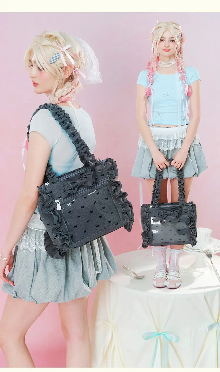 Original College Student's Sweet Kawaii White Large Capacity Itabag 2025 New Girl's Cute Bow Transparent Tote Bag Shoulder Bag