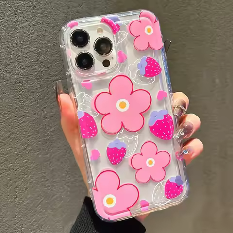 Pink Flower Strawberry Case for Samsung A15 Cases Galaxy A54 A34 S22 S25 S24 Ultra A55 A53 5G A33 A14 S21 S23 Fe A52 Cover Funda