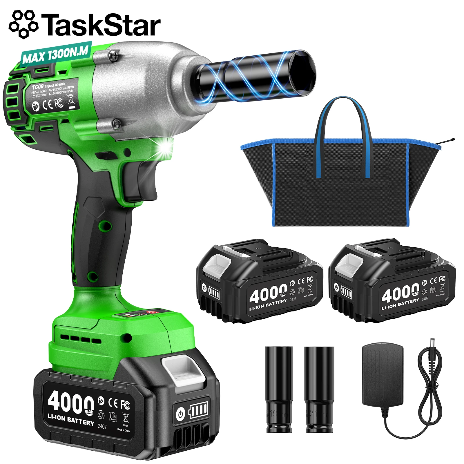 

Taskstar 1/2'' 1300N.m Brushless Impact Wrench Cordless Electric Wrench Screwdriver Power Tool For Makita 18V Battery Pin