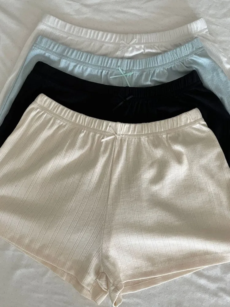 Słodkie Szorty Dresowe z Oczkami, Prosta Kokarda, Damskie Letnie Nowe Elastyczne Spodenki Bawełniane, Codzienne Gładkie Podstawowe Szorty Domowe Piżamowe Y2K