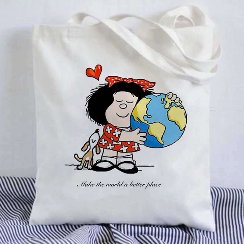 Mafalda Kawaii Cute Cartoon Girl Harajuku Canvas Bag Totes Handbags Large Capacity Reusable Shopper Casual Shoulder Bags