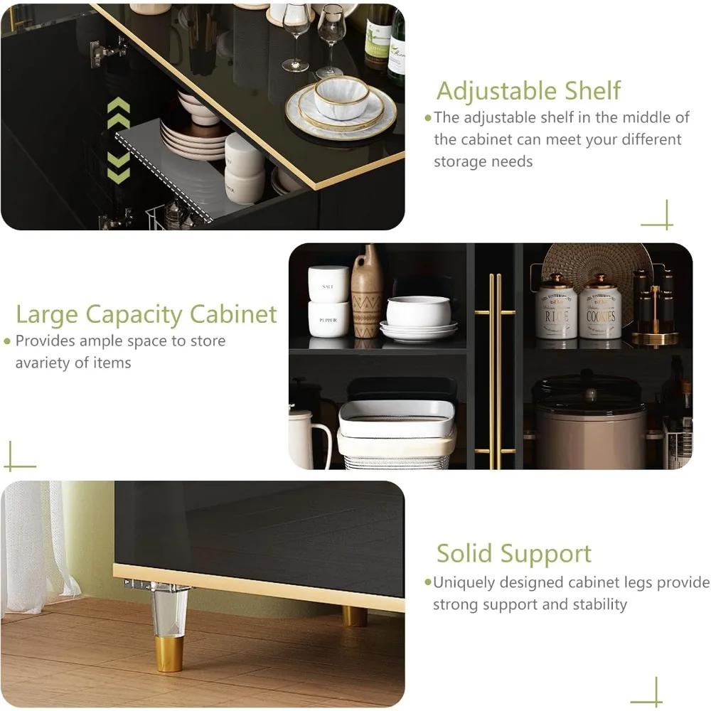 Armário buffet de 63" com armazenamento, armário de bar de café de alto brilho com prateleiras e portas ajustáveis, console de armazenamento moderno