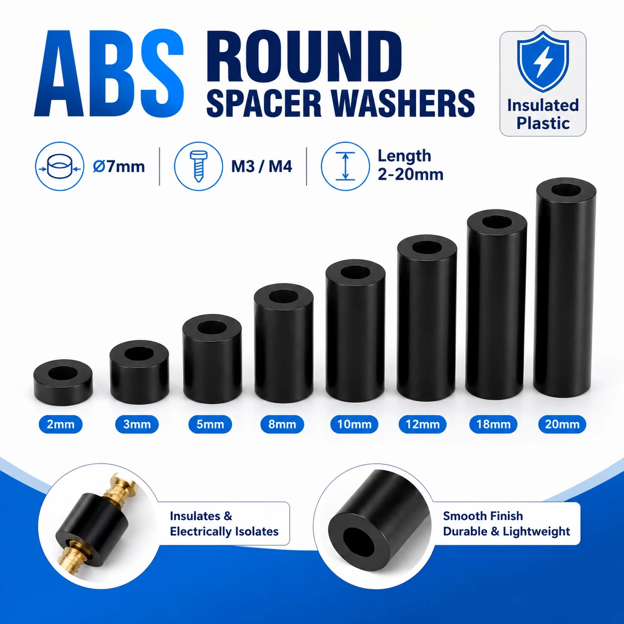 25-200Pcs M3 M4 ABS Black Round Spacer Washer, Non-Threaded Hollow Standoff for Screws, Length 2-20mm, PCB Board Spacer