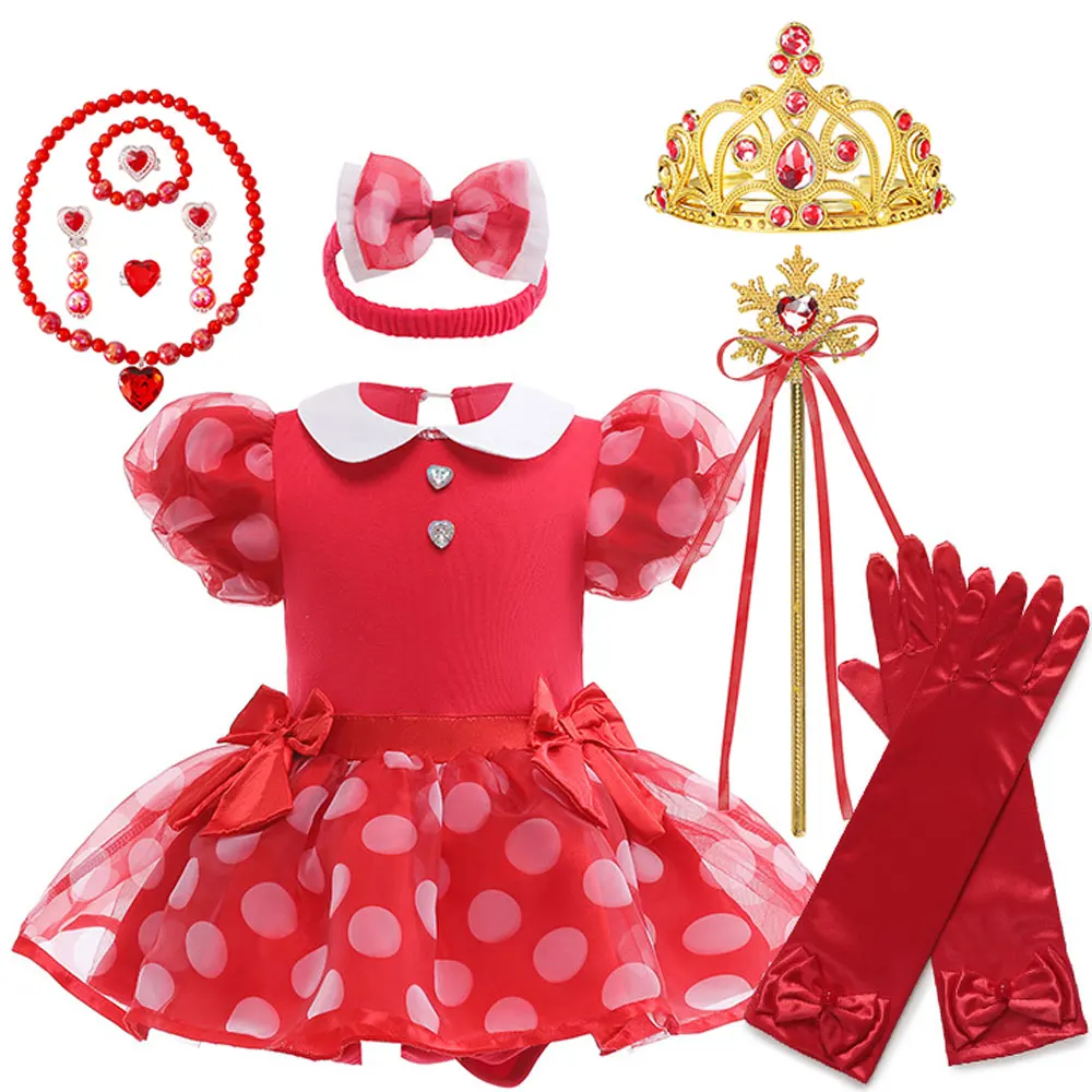 

Disney Girl Cosplay Mickey Short Sleeve Cute Baby Girl Princess Dress Baby Halloween Party Red Spot Dress With Headband Set