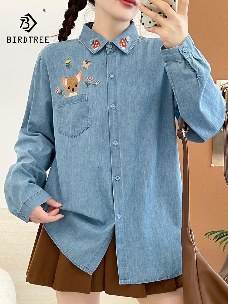 

New 2025 Autumn Long Sleeve Denim Shirt, Women Turn-down Collar Cute Embroidery, Mori Girl Age Reduction Loose Blouse T58489CC