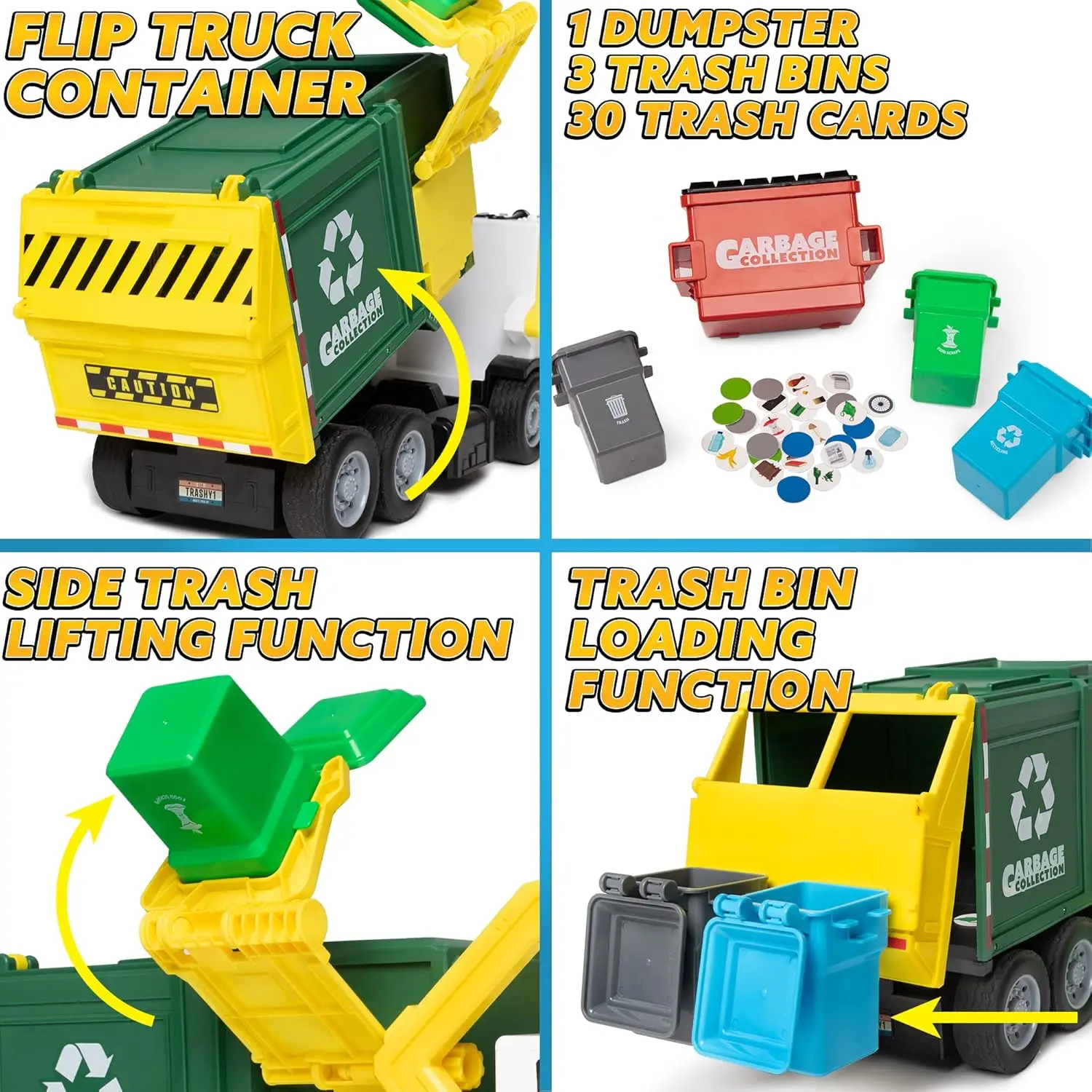 JOYFY Large Friction Powered Garbage Truck Toy Set With Includes Dumpster Trash Bins for Boys Toys Birthday Christmas Gift view 4