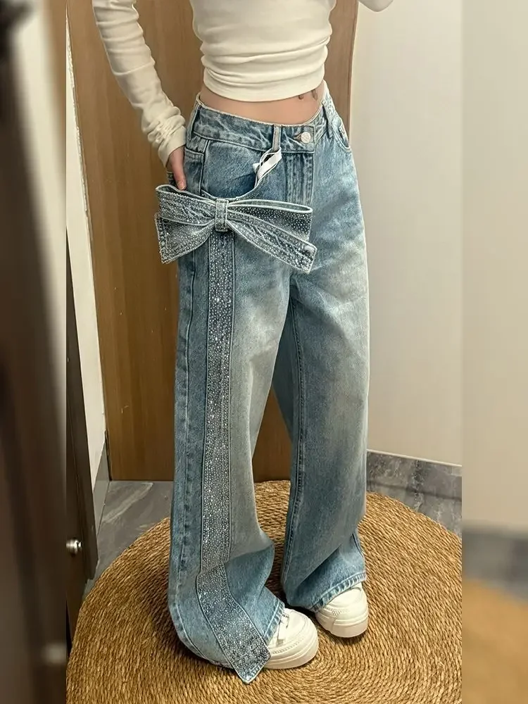 

New Fashion High-Street 3D Bow Stud Cutout Women Denim Pants Y2K Retro Loose Casual Floor-Length Jeans