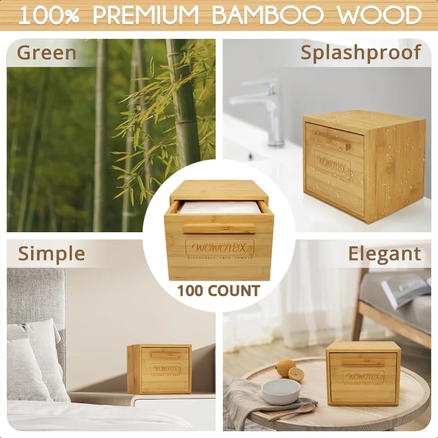 Luxe Bamboo Towel Container Bamboo Box Towel Holder with  Face Towels Biodegradable Large Dry Wipes 100 Count Extra Thick Soft
