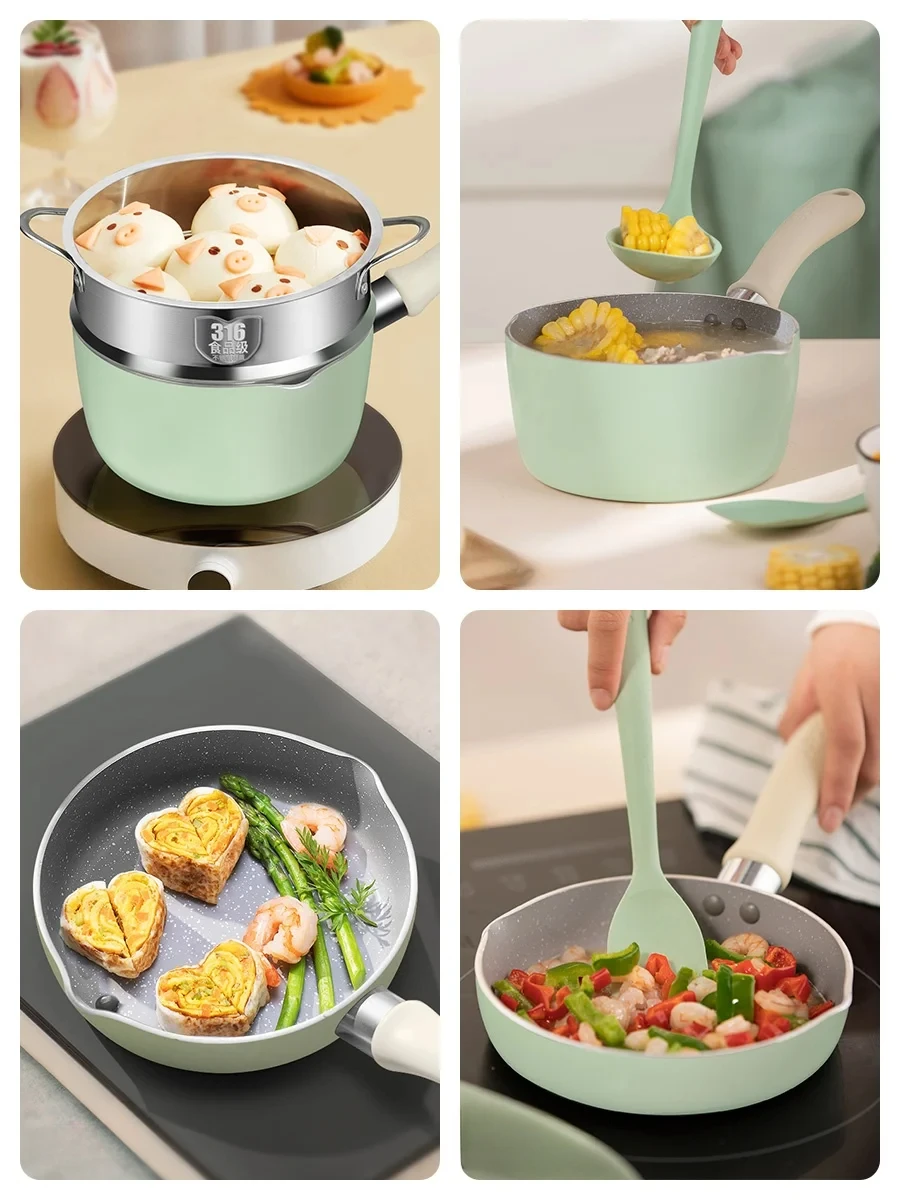 

Complementary Food Pot Frying Integrated Multifunctional Steamer Special Soup Small Milk Boiling Pot Non-Stick Pan Household