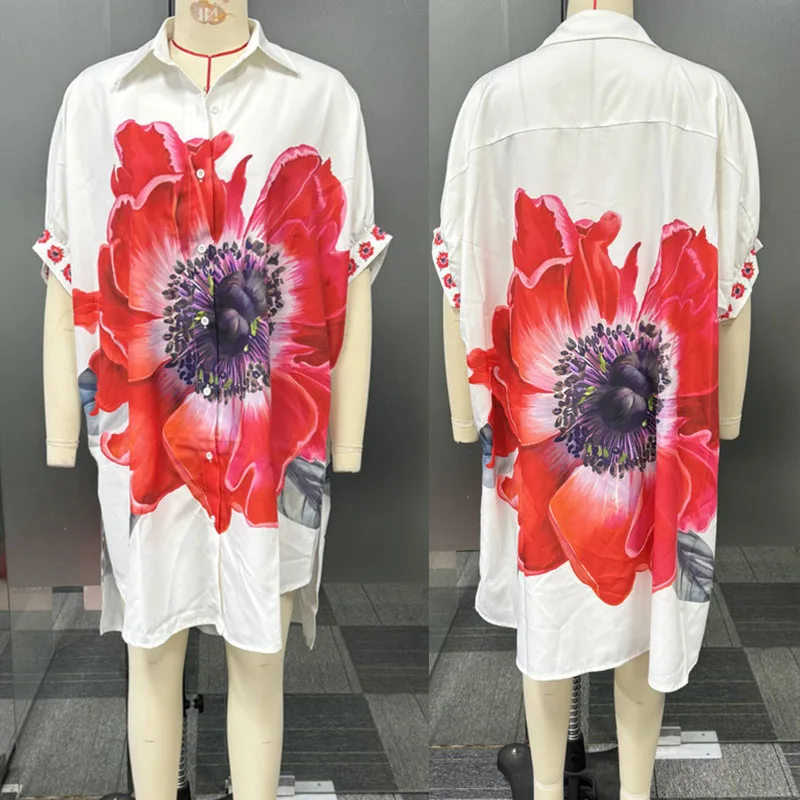 Vestido camisero blanco con estampado Floral para mujer, ropa de media manga con cuello vuelto y botones, vestidos Midi informales rectos sueltos