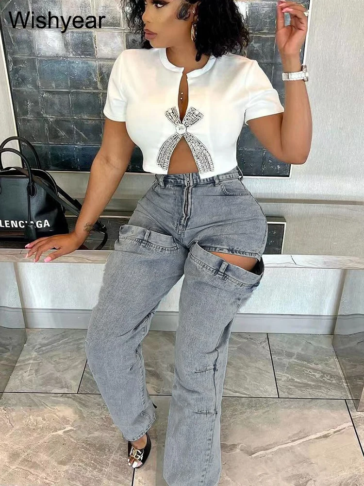 Chic Big Hollow Out Design Night Club Blue Jeans Cargo Pants Women High Waist Straight Elastic Denim Trousers Streetwear Bottoms