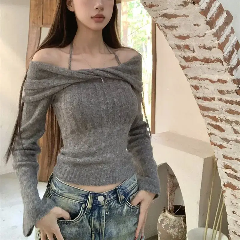 

Hsa Korean style Designed one-shoulder small sexy and gentle knitted sweater Slash Neck Pullovers