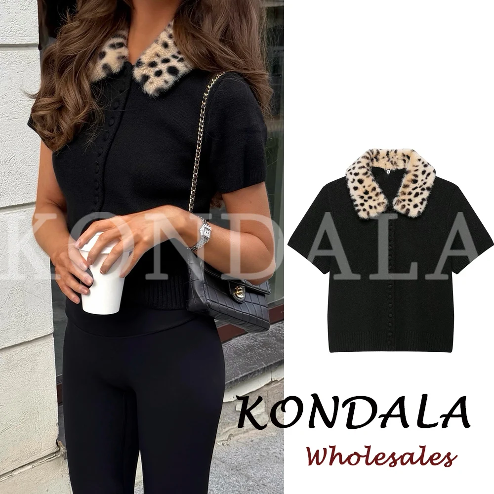 KONDALA Chic 2026 Knit Women Autumn Casual Outwear Elegant Leopard Faux Fur Collar Shirt Vintage Fashion Female Loose Sweater